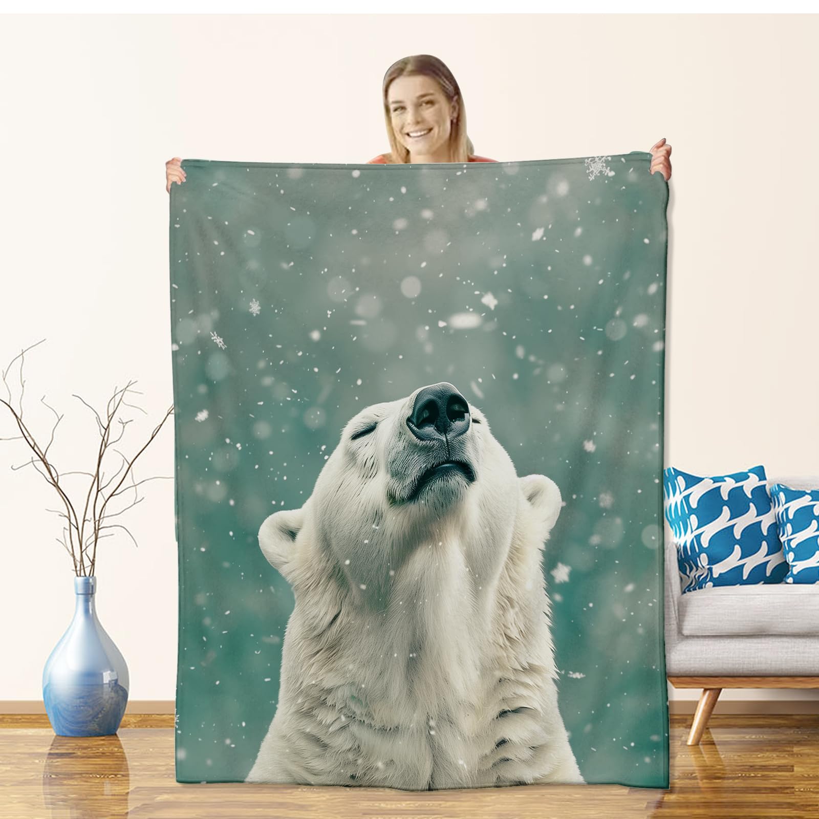 

Cute Cartoon Polar Bear Flannel Throw Blanket Ultra Soft Warm Fleece Blanket for Bed Chair Car Sofa Couch Cabin Camping Bedroom 75x90cm