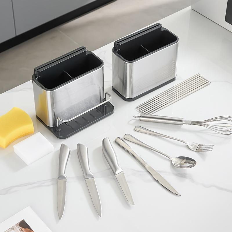 Stainless Steel Kitchen Utensil Storage Rack Kitchen Countertop Cutlery Drainer Sponge Holder