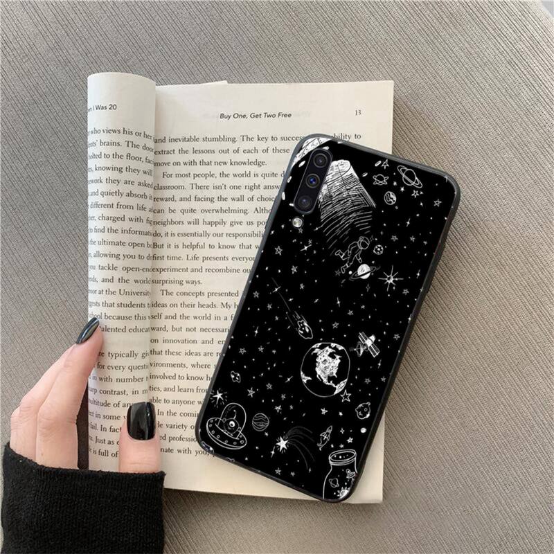 Black With White Moon Stars Space Astronaut Phone Case For Samsung Galaxy A7 A50 51 A70 80 A40 A20 A30 A8 A6 A8 Plus A9 A71
