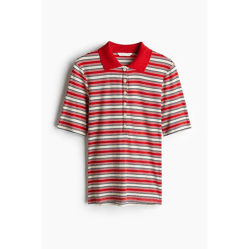 

Женская одежда HM Футболка поло 2025 Лето Новая мода Повседневный отложной воротник Приталенный крой Прилегающий Силуэт Рукав короткий 1272032 Red/Stripes 155/76