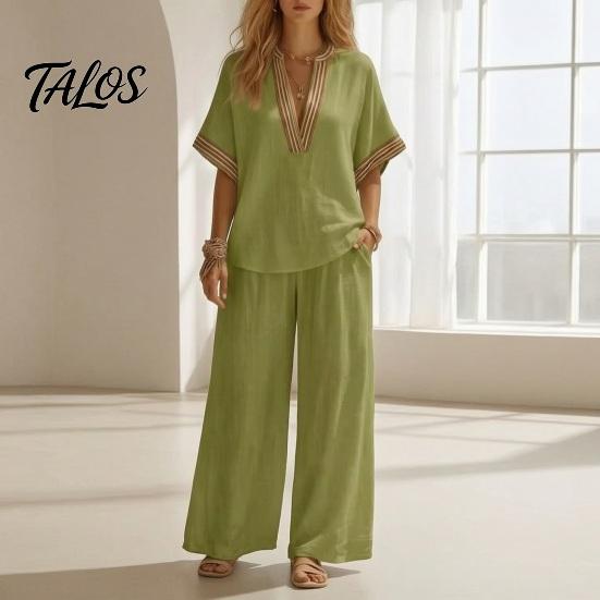 Muskelversteckende Hosen Color Block 2-teilige Sets für Damen, Kurzarm V-Ausschnitt Locker geschnittenes Hemd Damen Oberteil und Weite Hosen Passende Sets, Sommerurlaub