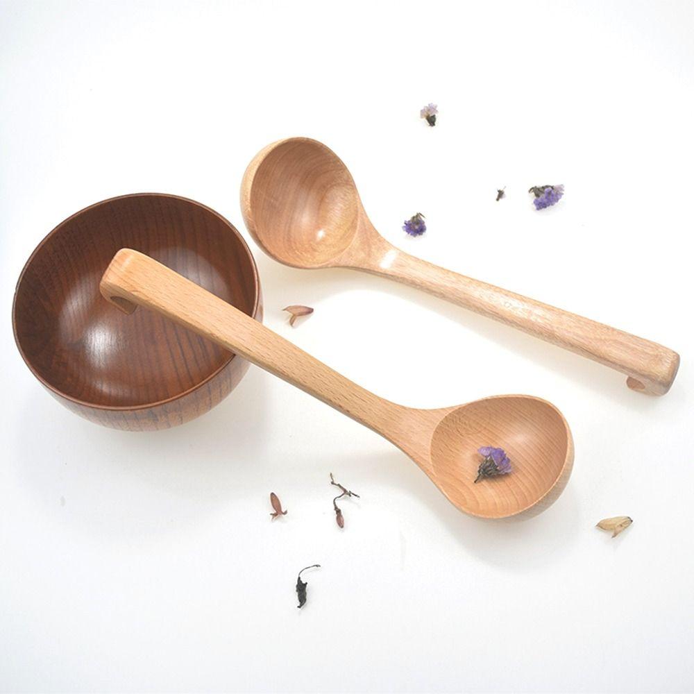 Home Wooden Heavy Duty Natural with Hanging Hook Scoop Soup Ladle Serving Spoon Tableware
