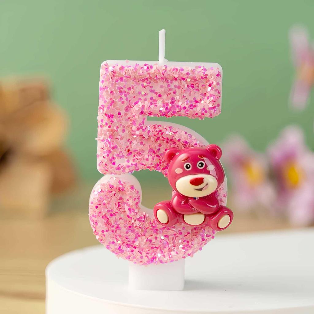 Cartoon Pink Bear Birthday Number Candles Cake Decoration