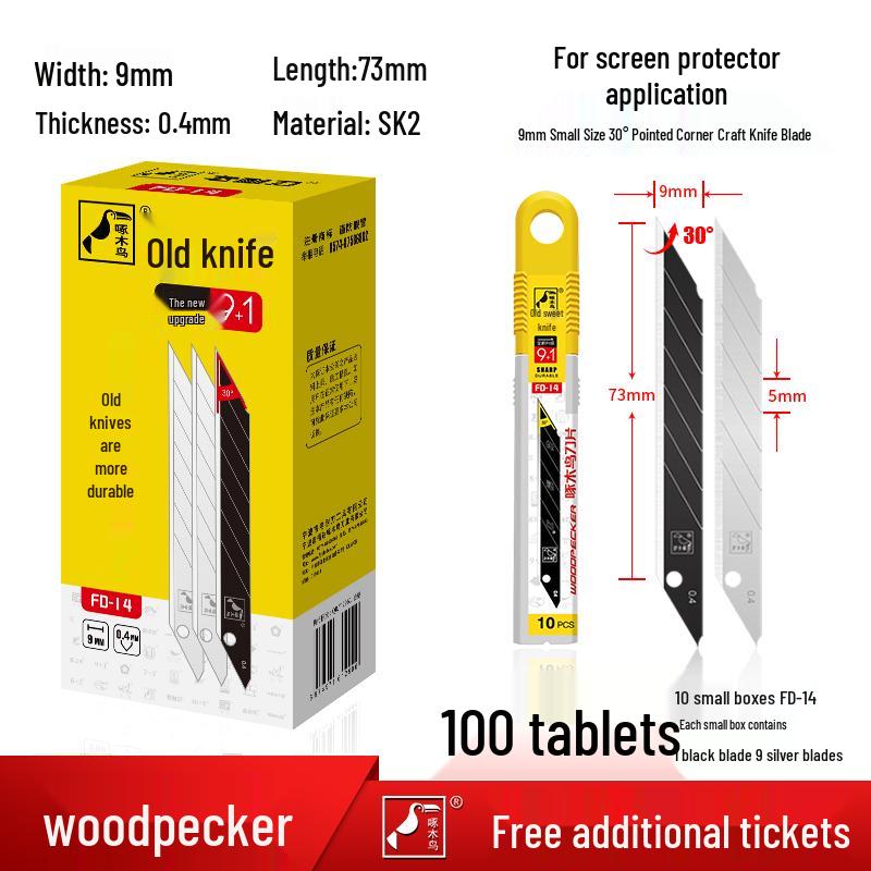 Woodpecker 9mm Craft Knife: 30-Degree Pointed Blade for Film & Wallpaper.
