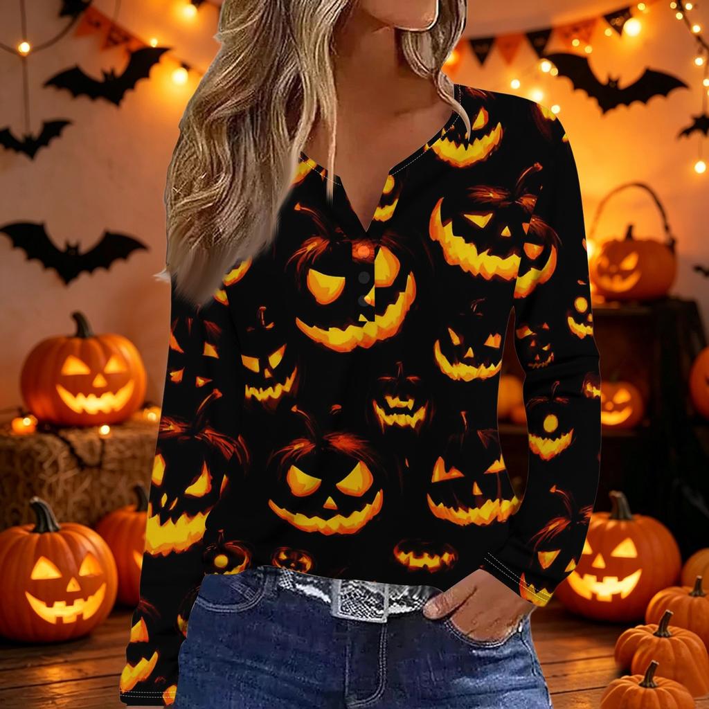 Womens Casual Halloween Print V Neck Long Sleeve Button Detail Top Lightweight Stretchy Fabric Comfortable Fit