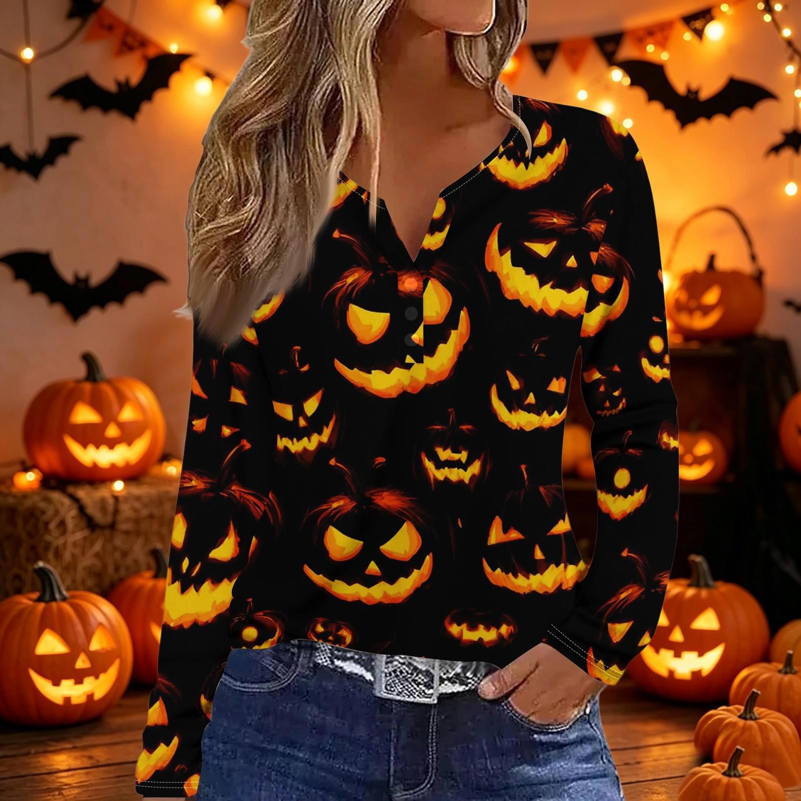 Women s Halloween Printed V-Neck Long Sleeve T-Shirt, Button Casual Top for Women L