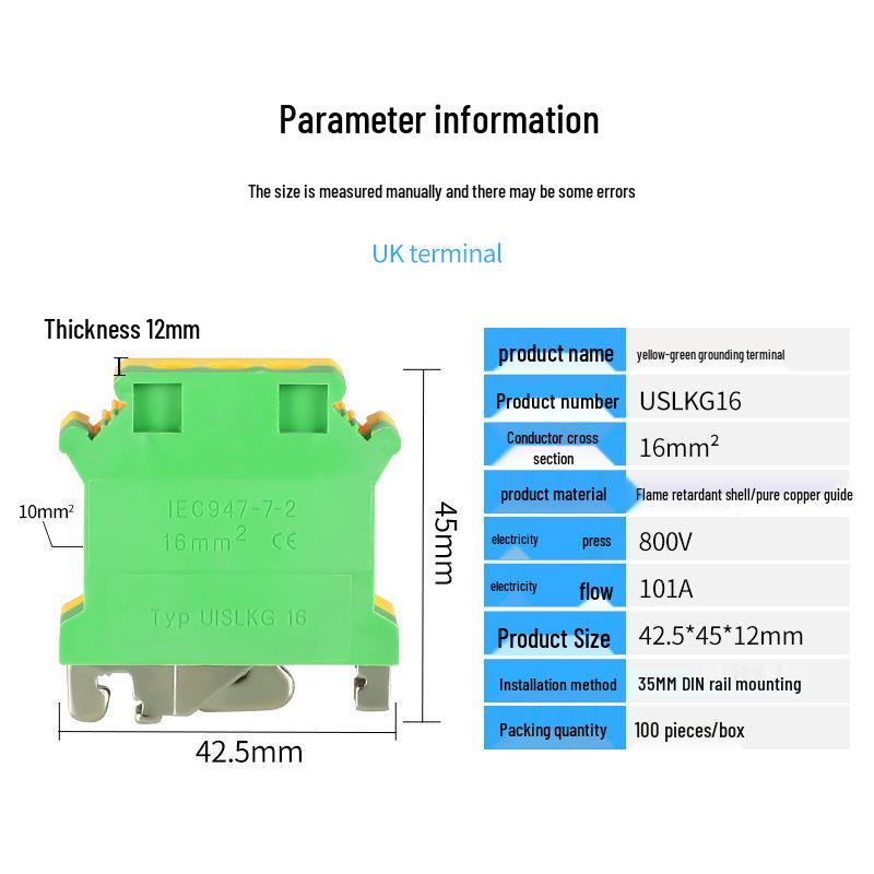 

Chaoda USLKG16 Yellow-Green Rail-Mounted 16mm² Grounding Terminal Block