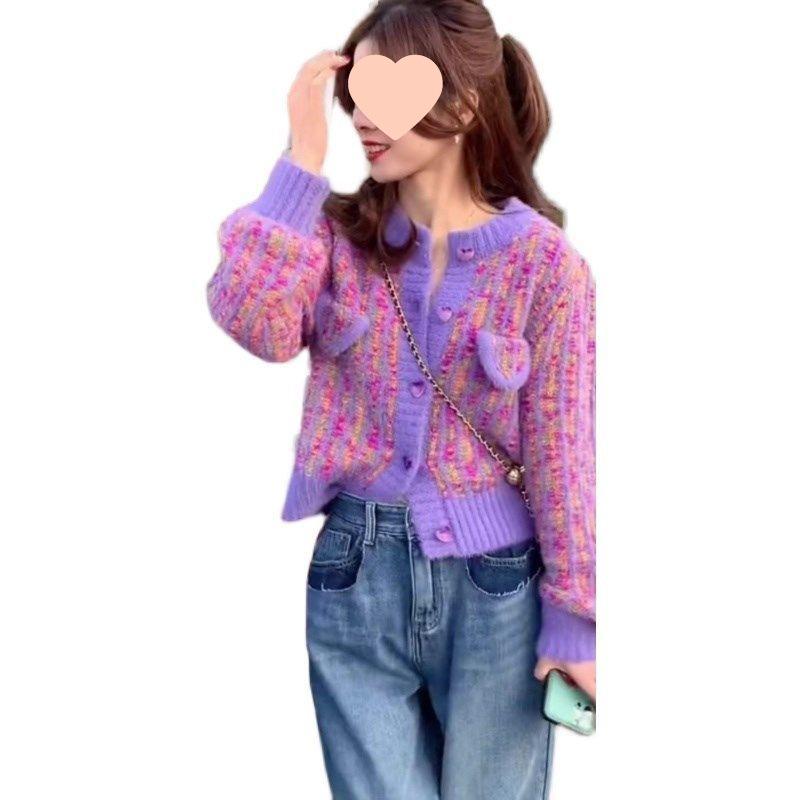 Women's Purple French Style Retro Knitted Cardigan - Autumn/Winter, Long Sleeve, Thickened, Short Round Neck Sweater