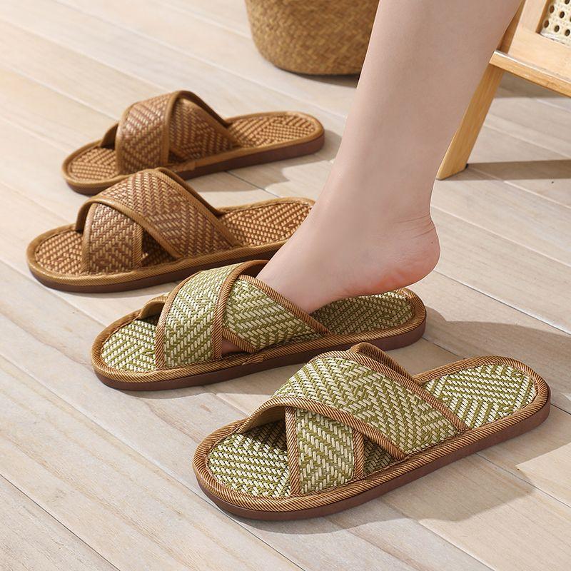 Cross Woven Bamboo Linen Indoor Home Thick Bottom Anti Slip Home Couple Floor Slippers