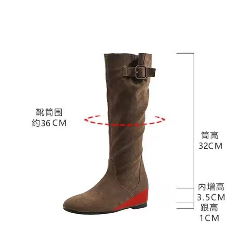Sheepskin Version~ Inner Height Increase 5cm Retro Leather Pleated Western Cowboy Boots Women's Versatile But Knee-high Boots