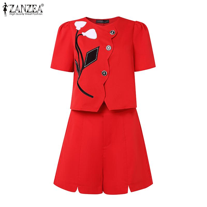 ZANZEA Damen Kurzarmbluse und Shorts Sommer Zweiteiliges Anzug-Set