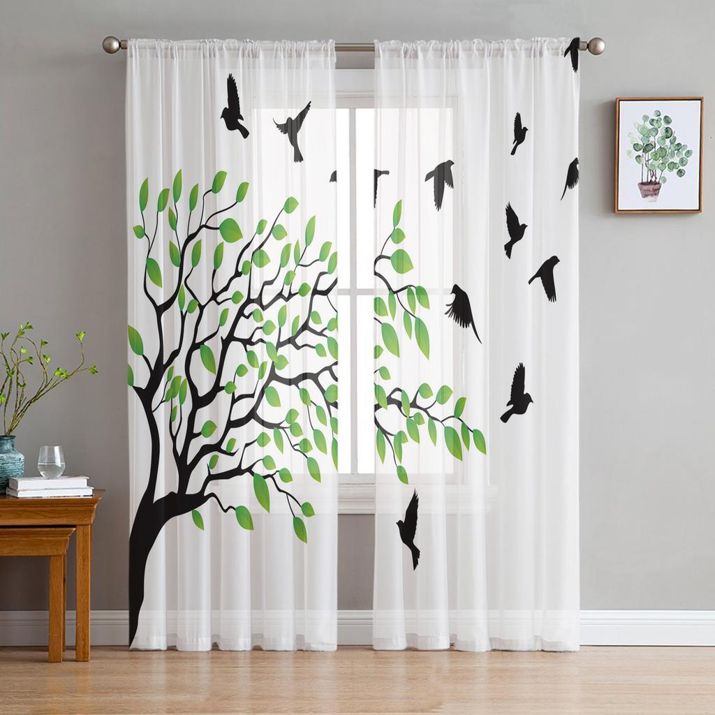 Modern Plant Branch Green Leaves Tulle Window Curtains Living Room Bedroom Voile Drapes Decoration Curtain Light Filtering For Made Of Polyester