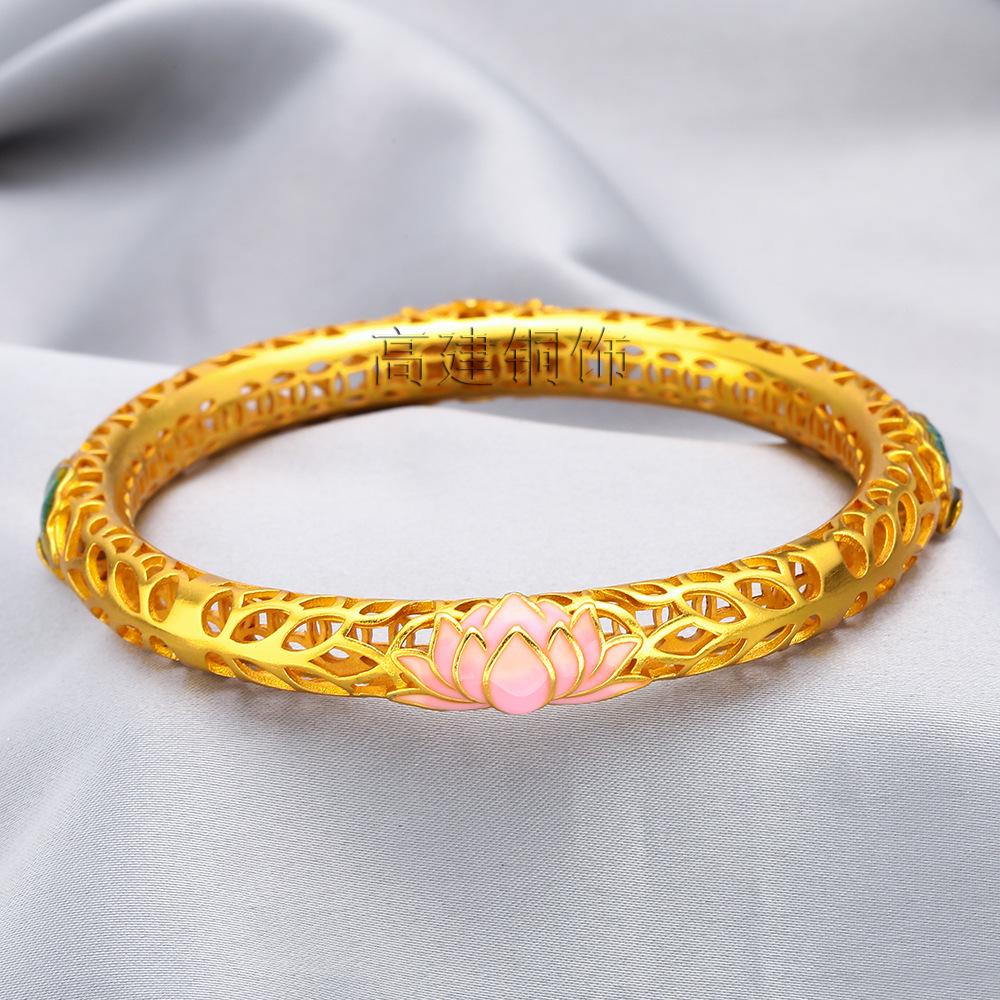 Vietnamese Sand Gold Enamel Lotus Bracelet – Brass, Gold-Plated, Hollow Design with Painted Lotus Leaf & Flower, Women's National Trend Style.