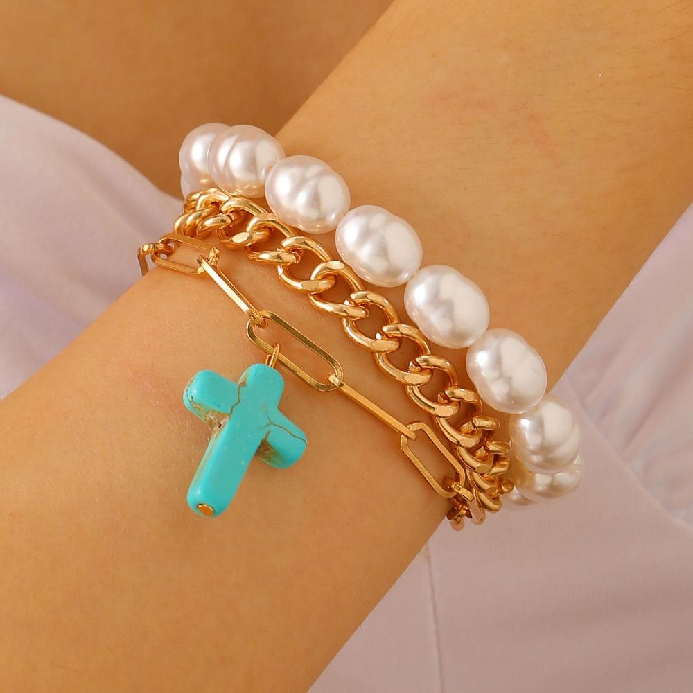 Beads Turquoise Bracelet Set Pearl Bohemian Style Hand Chain  Holiday