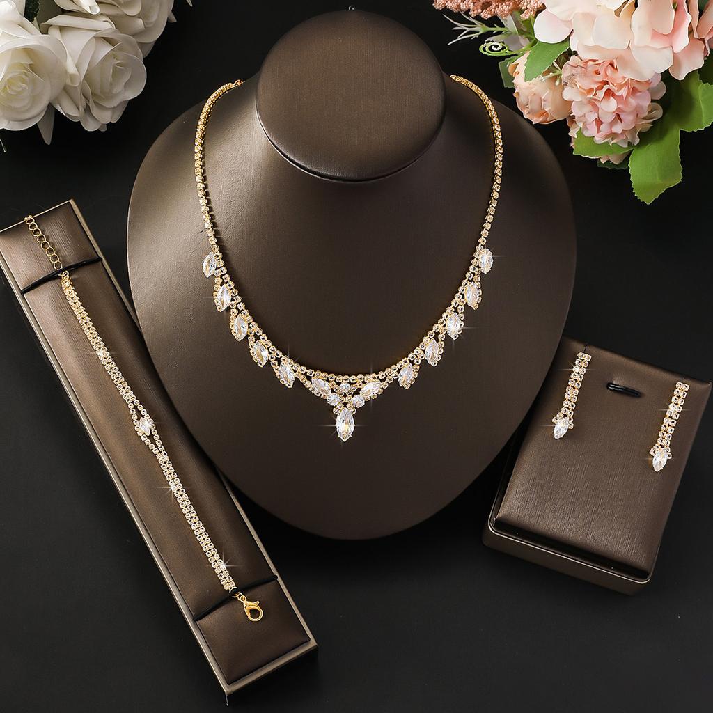 4PC Fashion Micro inlaid Copper Zircon Petal Necklace Earrings Bracelet Zircon Set Wedding Banquet Party Holiday Gift-808453