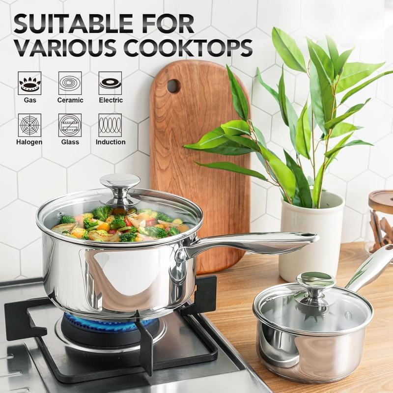 MICHELANGELO 3Pcs Stainless Steel Stew Pot with Lid Steel Handle Sauce Pot Induction Stew Pot Flat Pan Set Stove Compatible