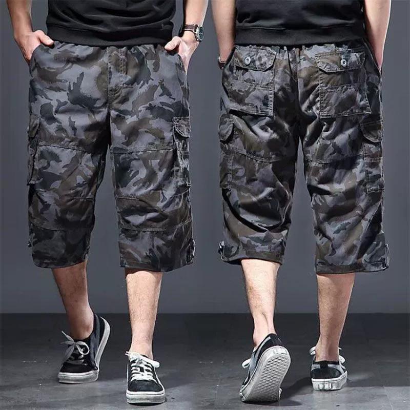 Mens Cargo Shorts Casual Half Pants Elastic Waist Summer Camo Shorts Sports Running Hiking Multiple Pockets Male Knee Pants