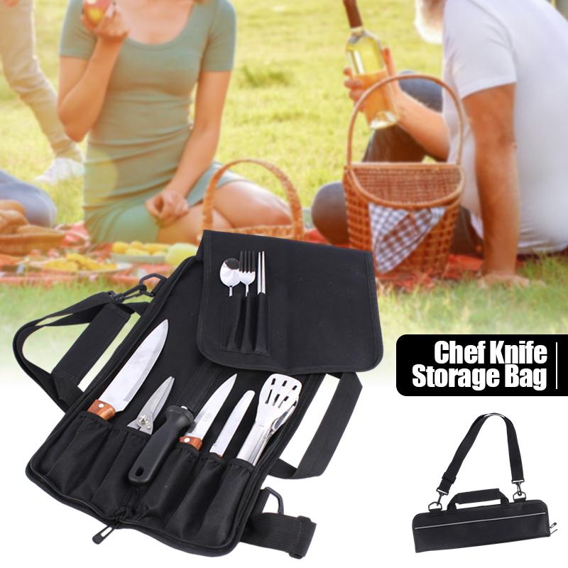 Portable Black Chef Knife Roll Bag with Adjustable Straps Kitchen Cooking Chef Knife Carrying Storage Pockets for Cooking Tools