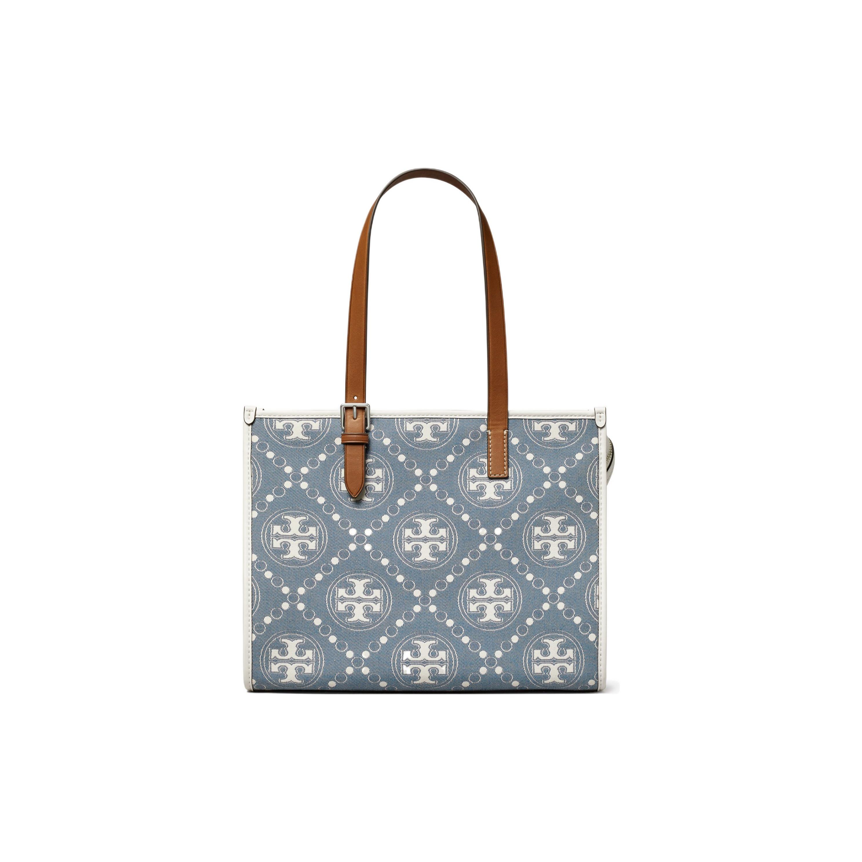 

Tory Burch T Monogram Classic Fashion All Over Double T Print Denim Jacquard Leather Tote Bag Women tote bags Pearl-Blue 146663-400 Shopping Bag Set(Basic Set+Shopping Bag)