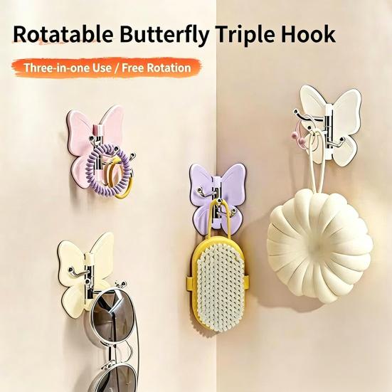 4PCS Butterfly Rotating Self Adhesive Hook, 3-Hook 270 Swivel Design, No Drill Wall Mount Storage Hooks, for Hanging Towels Keys Bags Hats