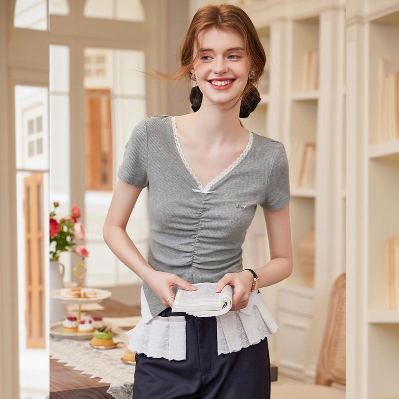 Bailuyu Spliced Mock Two-Piece Short Sleeve T-Shirt S