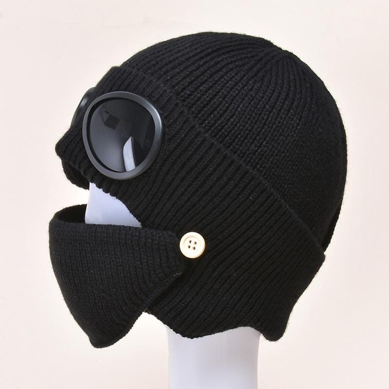 1 Pcs Autumn and Winter Warm Hat New Aviator Glasses Ear Protection Plus Velvet Warm Wool Knitted Hat with Mask New