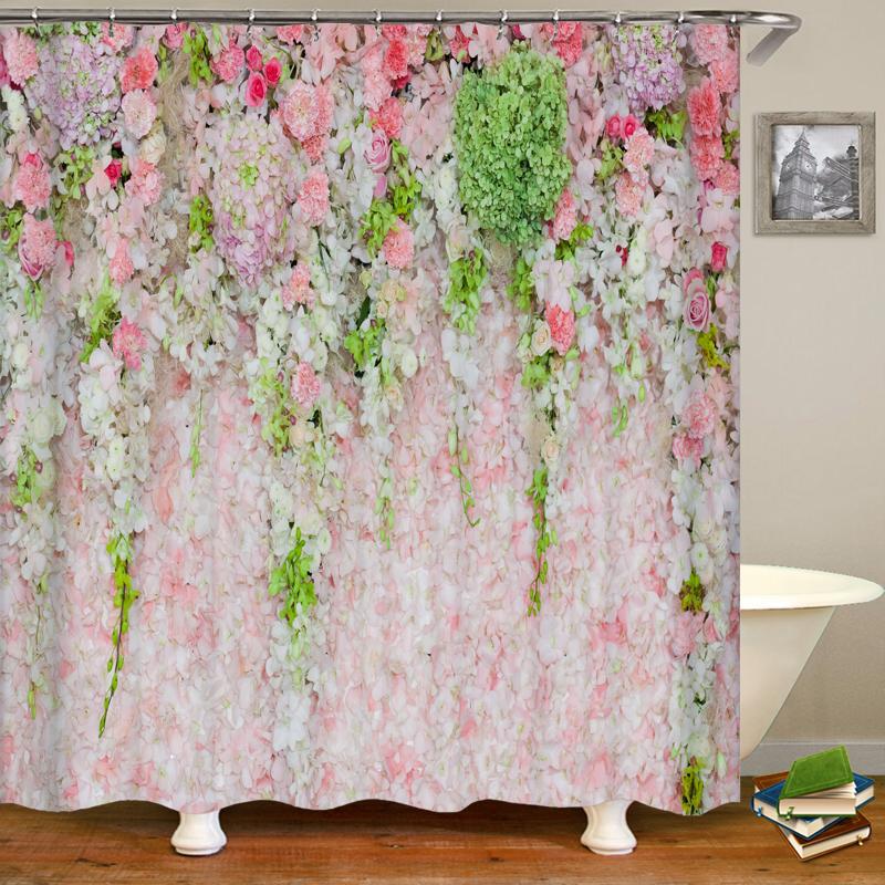 Pink Floral Shower Curtain Kids Decor Spring Flower Park Forest Road Landscape Scenic Bathroom Curtain Decor Set with 12 Hooks