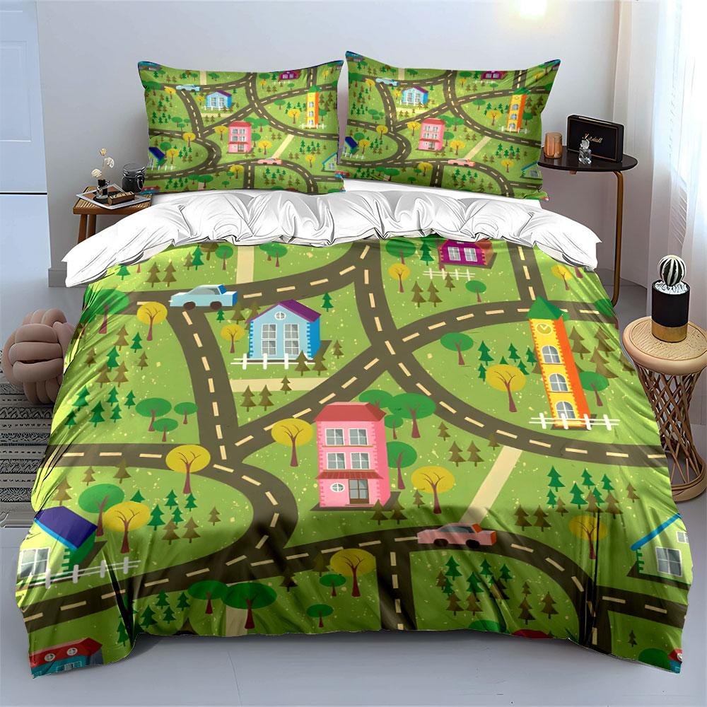 "Colorful Town Map Play Set" Kid's and Adults' Bedroom Decor, Exquisite Three-piece Bedding Set Gift
