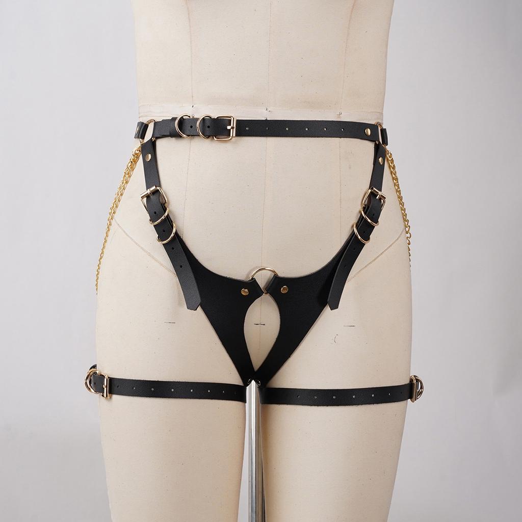 Sultry Gold Chain Thigh Harness - Black Faux Leather Strap Body Jewelry for Women, Adjustable Leg Garter Belt, Rave Fashion