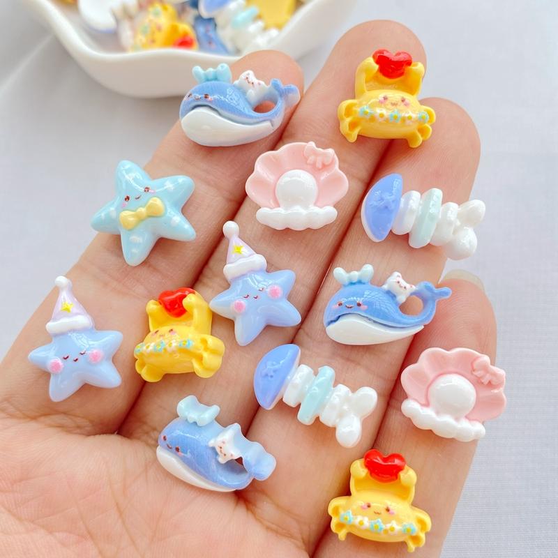 30Pcs Cartoon Ocean Series Little Stars Crabs Whales Shells Art Nail Plaksteen Strass Beeldjes Diy Wedding Plakboek Decor Craft