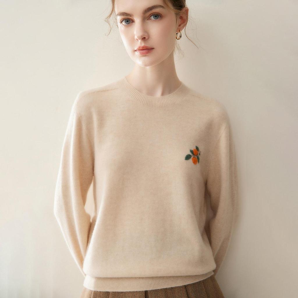 Women's 100% Pure Cashmere Embroidered Round Neck Sweater - Loose Fit Knitwear for Autumn & Winter