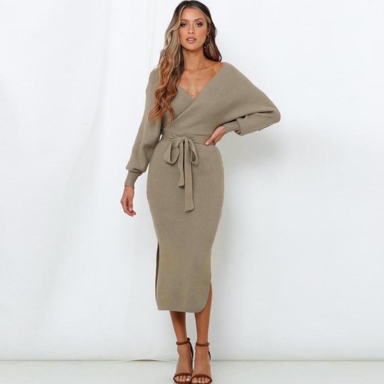 V Neck Long Sleeve Sweater Dress Women Sexy Cross Belt Elegant Slim Knitted Split Solid Autumn Winter S-XL