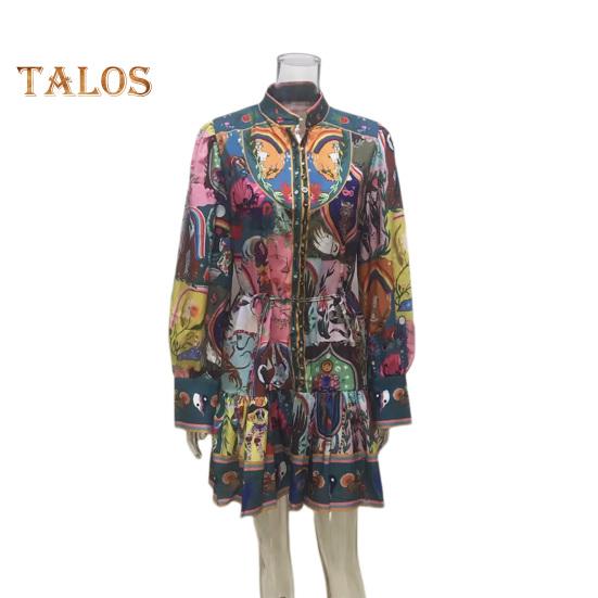 Sukienka damska na jesień i lato ze stójką, jednorzędowa, z długimi rękawami typu latarnia, wąska talia, vintage, falbaniasta, plisowana, kolorowa, z nadrukiem, mini sukienka