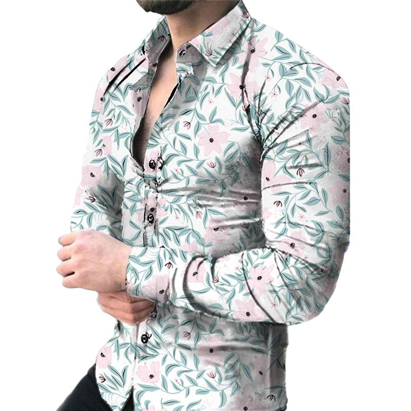 Herren-Langarm-Hemd mit Blumendruck, Trend-Dating-Mode, schwaches Stretch-Hemd