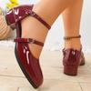 Round Toe Patent Leather Chunky Mid Heel One Strap Women Mary Jane Shoes