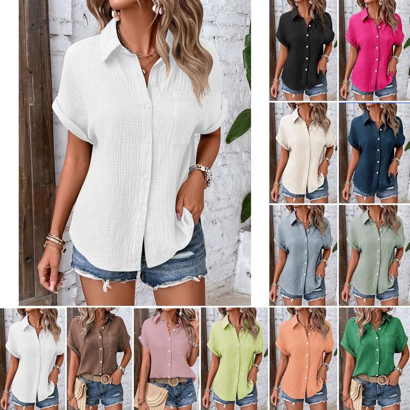 Women's Cotton Shirt Short Sleeve Button Front Turn Down Collar Loose Fit Blouse