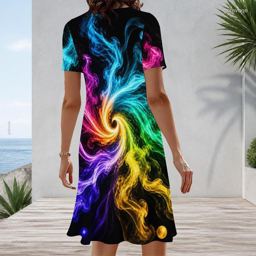 Women Plus Size Round Neck Short Sleeve Rainbow Printed A Line Dress