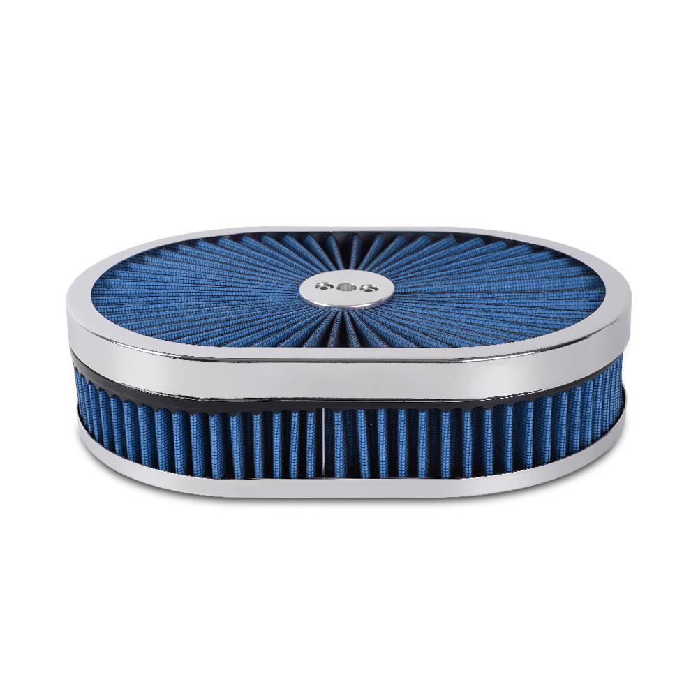 New High Flow Chrome 12"x2" Oval Air Cleaner Filter Assembly 5-1/8" Carb Neck W/ Flow-Thru Lid for GMC Chevy Ford Chryler Dodge