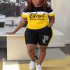Women's Casual Short-sleeved Shorts Striped Suit, Thanksgiving Letter Print, Pants with Pockets