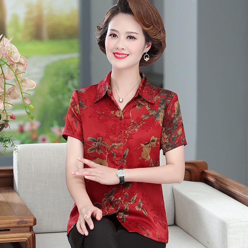 

Silk Xiangyunsha Short-Sleeve Top for Middle-Aged Women XL (100-110 jin) красный
