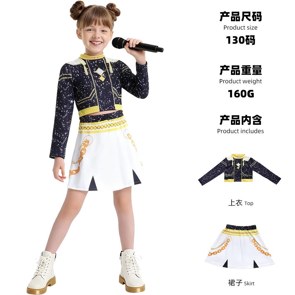 

Black and gold girl pop singer D print girl children s clothing cool witch hunters clothing 100cm