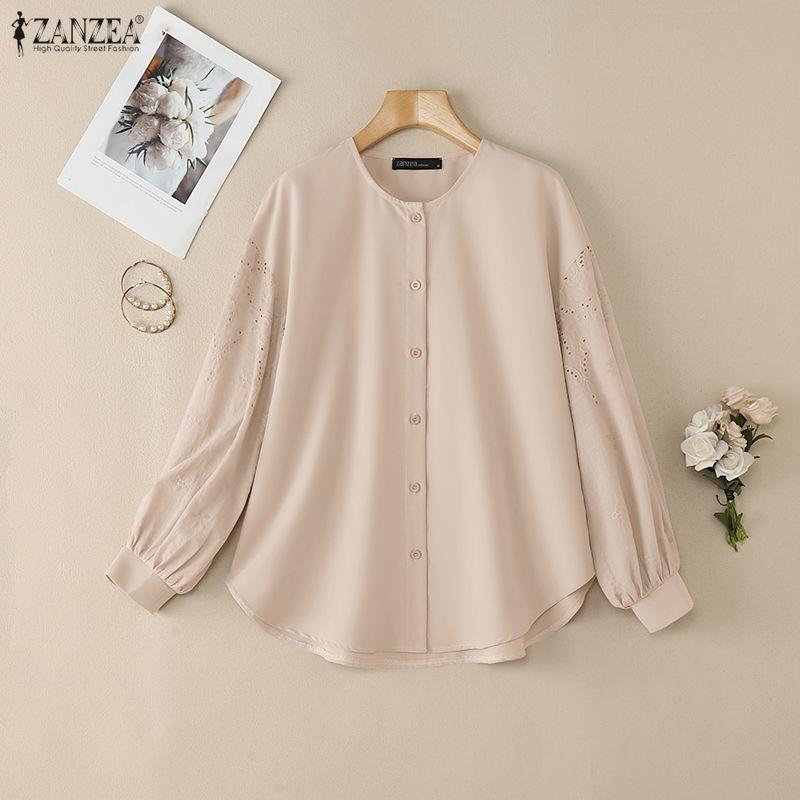 ZANZEA Női Alkalmi Kerek Nyakú Egyszínű Laza Hosszú Ujjú Blúz