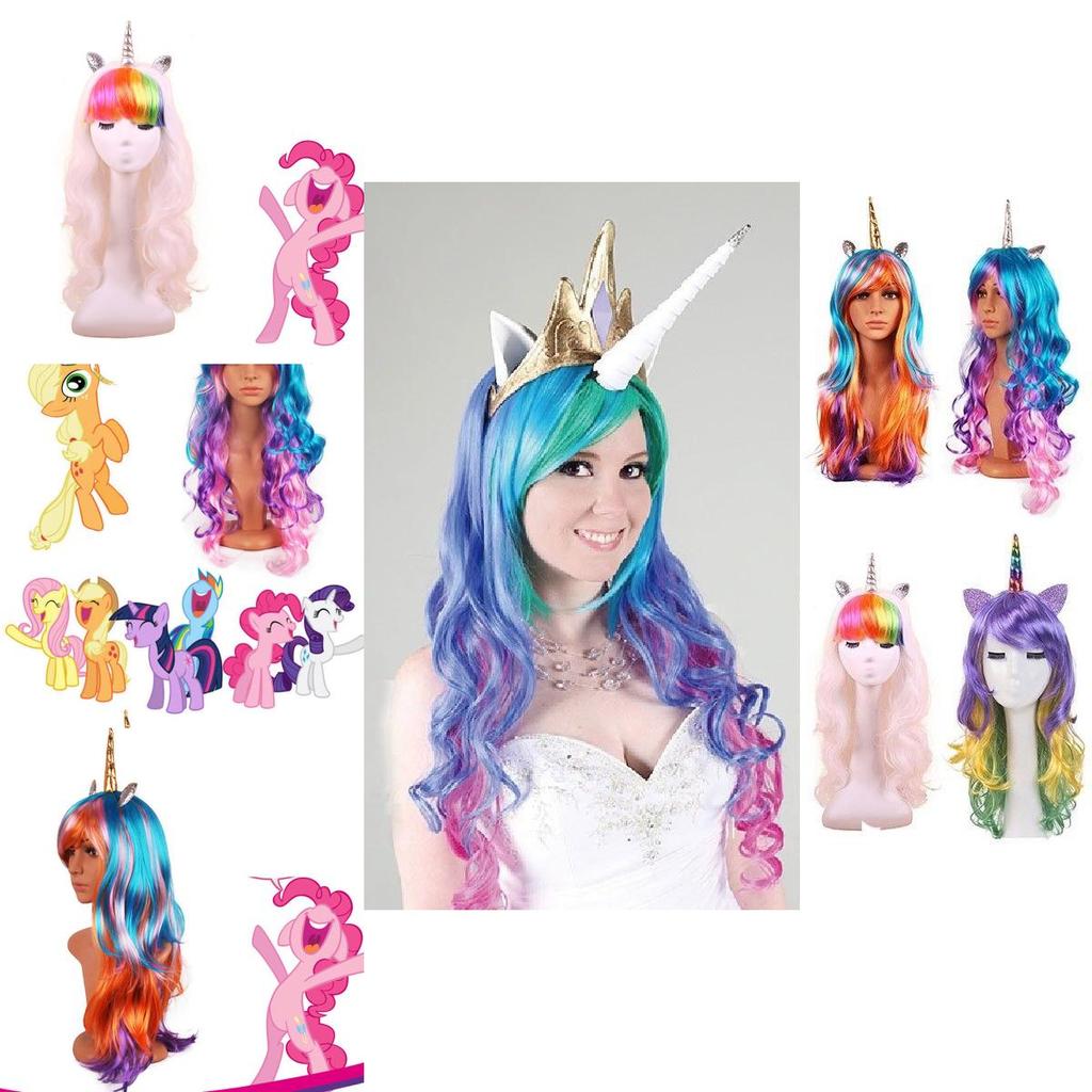 New Fashion Women Ear Unicorn Rainbow Wig Long Curly Wave Hair For Cosplay Party