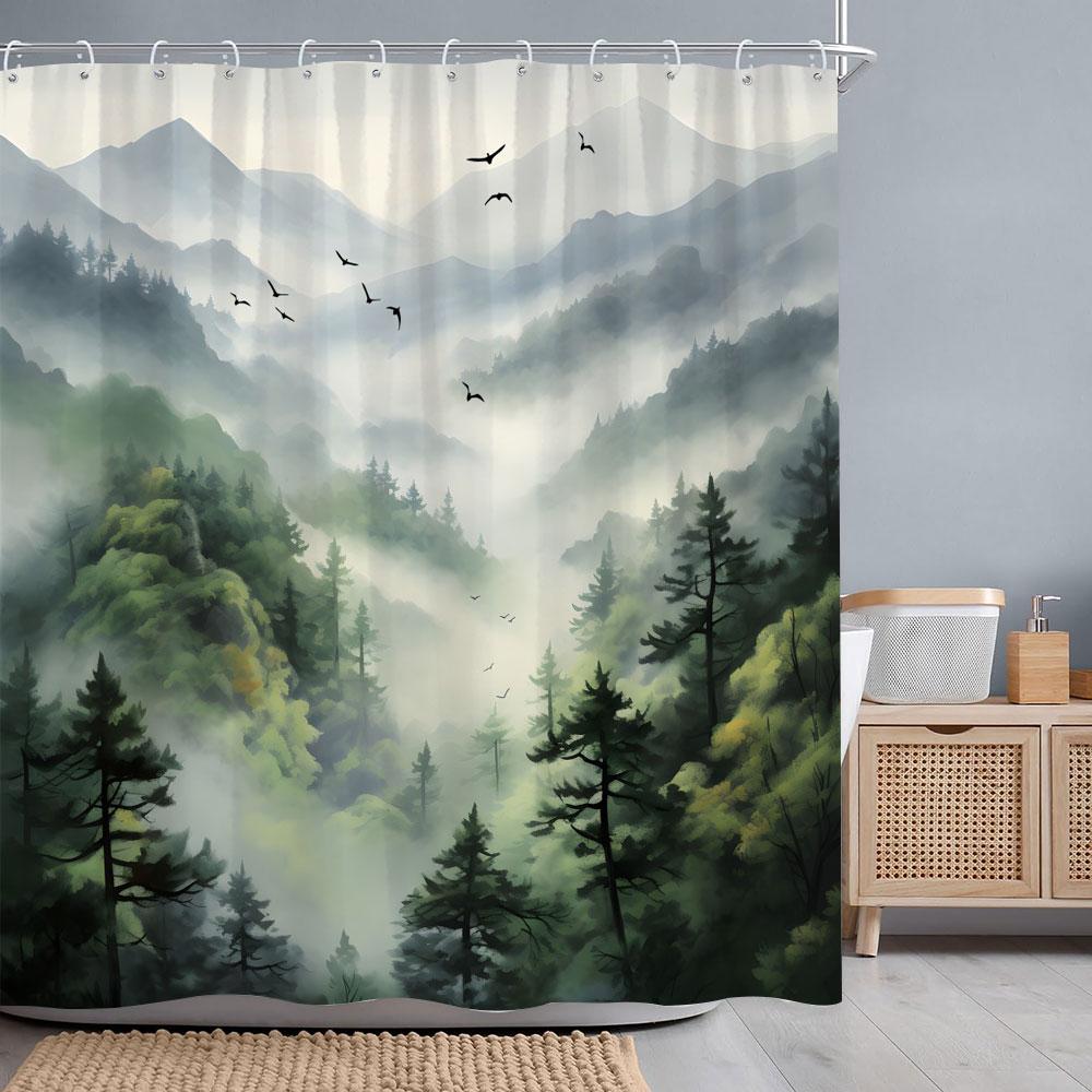 Misty Forest Watercolour Shower Curtain Geese Faraway Mountain Nature Landscape Fabric Shower Curtains Bathroom Decor with Hooks