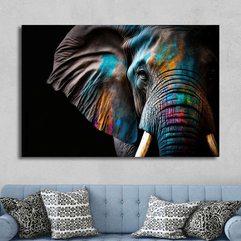Ritratto Moderno Faccia di Elefante con Pittura su Tela con Pittura Colorata Poster di Elefanti Arte da Parete per Decorazione Soggiorno