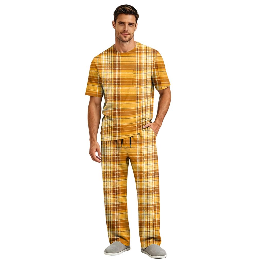Men's Short Sleeve Pajama Set with Button Fly and Elastic Drawstring Waist for Sleepwear