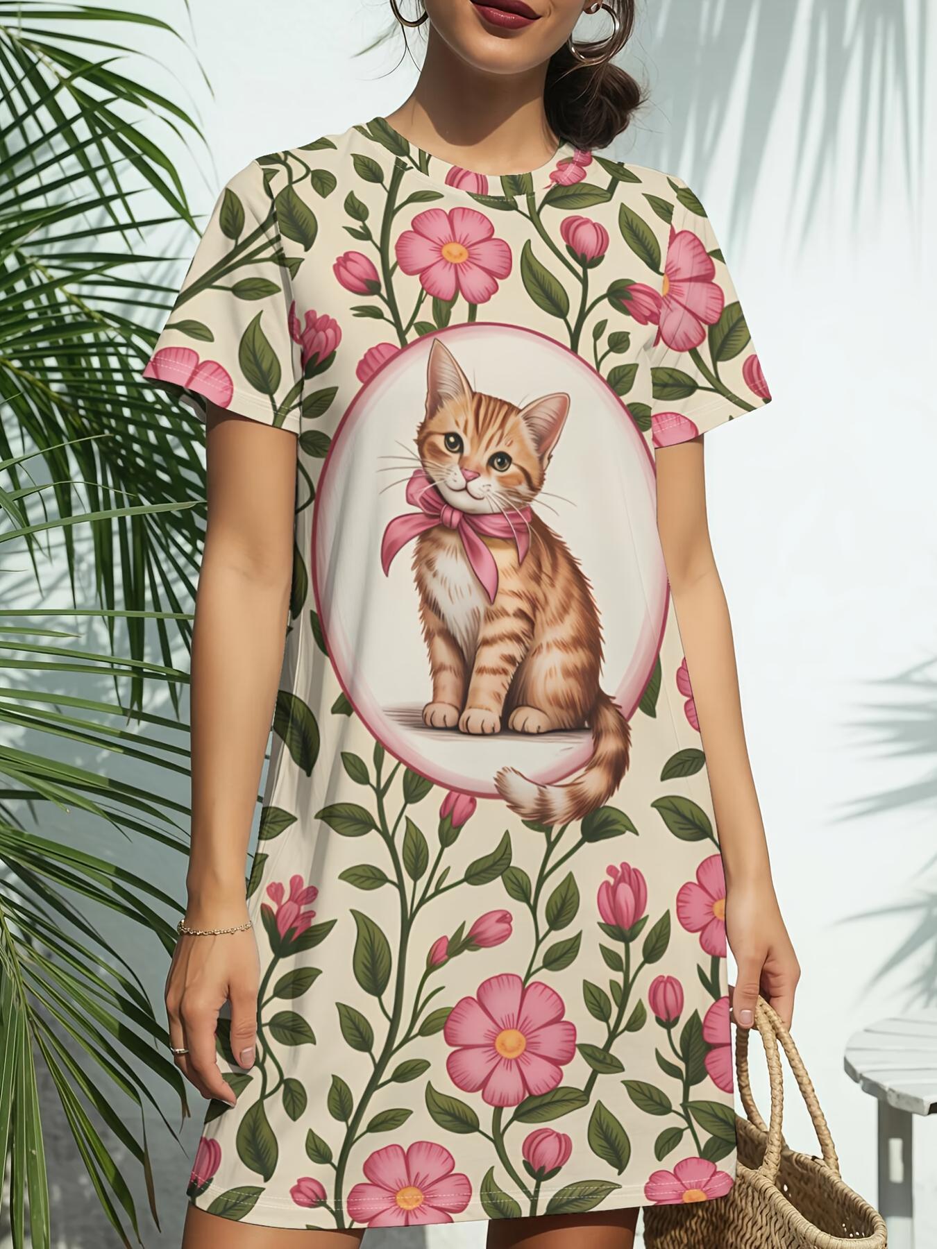 

Women s Bunny Floral T-Shirt Dress - Short Sleeve Crew Neck Short Dress with Bunny ; Floral Print. Spring Summer Casual Outfits. American Style Blouse 5XL дубильная кора