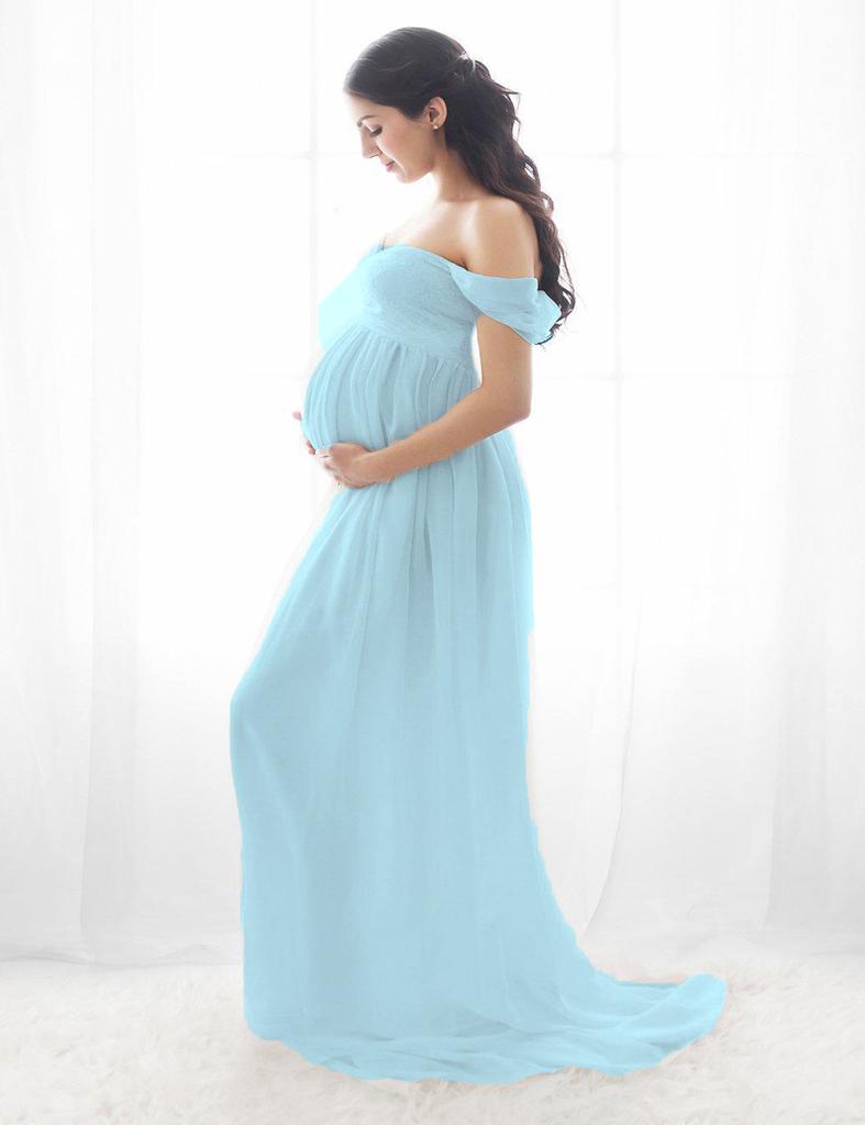 Robe de maternité longue en mousseline épaules dénudées avec fente avant pour séance photo pour femme