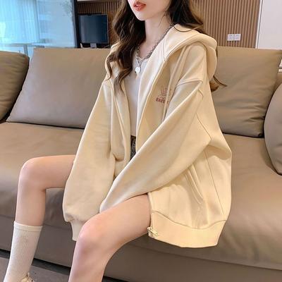 Embroidered Student Hooded Sweater Women's Spring Autumn Winter Oversize Zipper