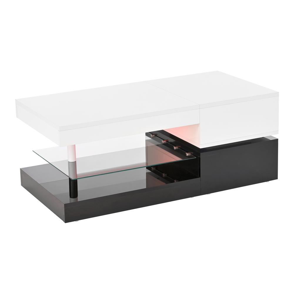 Moderner Couchtisch mit LED-Umgebungsbeleuchtung, APP- und Bluetooth-Steuerung, Glasablage & Hochglanzoberfläche, schwarz-weißes Design, 90x45x35,5 cm